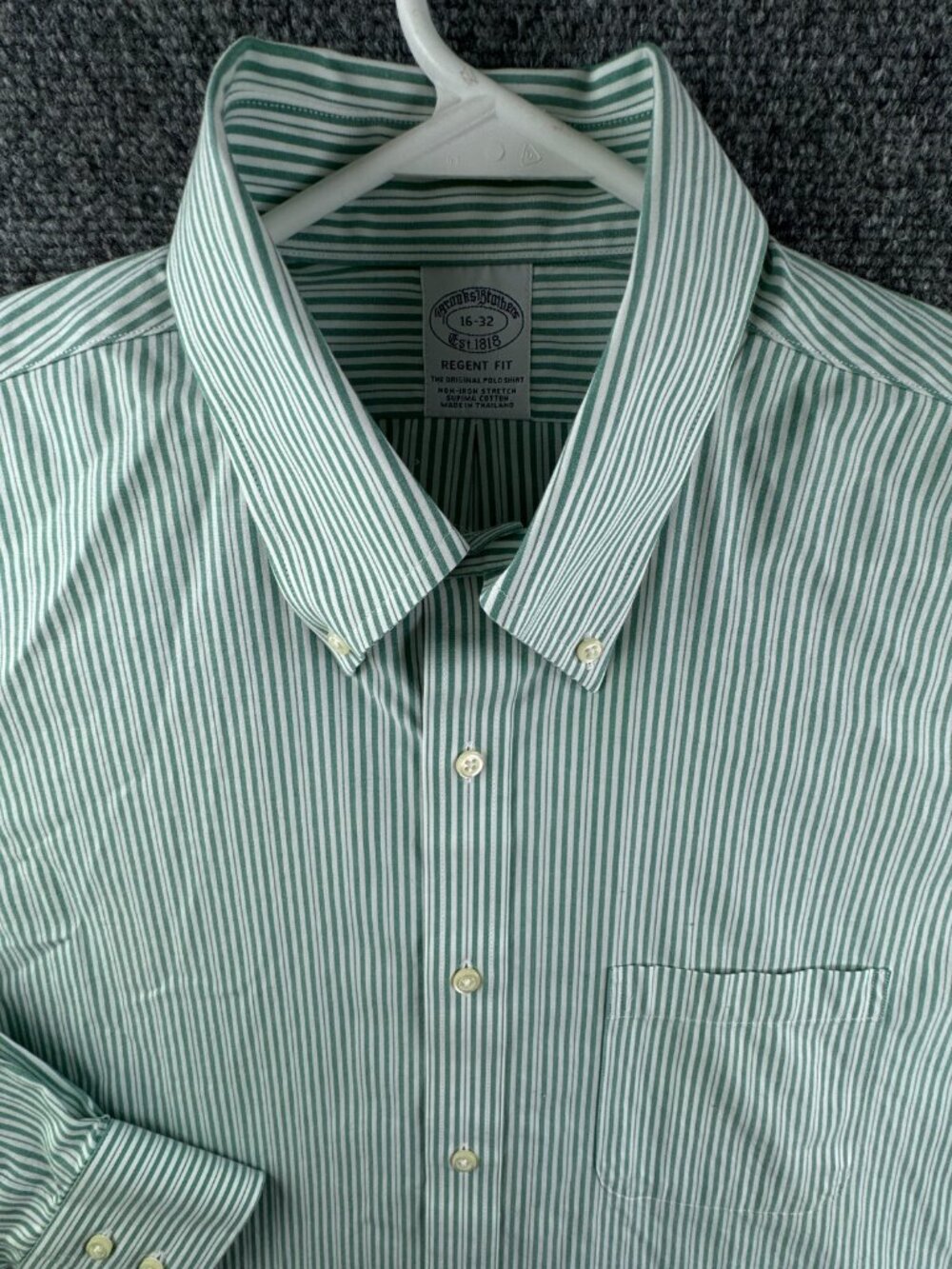 Brooks Brothers Cotton Stretch Button Up Shirt Green Striped 16 32 Regent Adult
